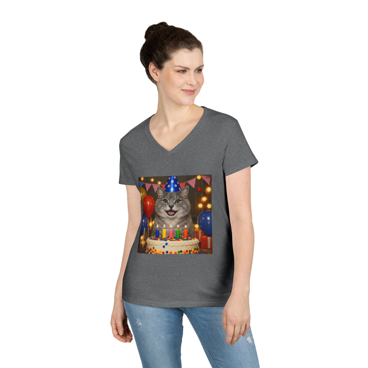 Birthday Buddy Cat Women's V-Neck Tee