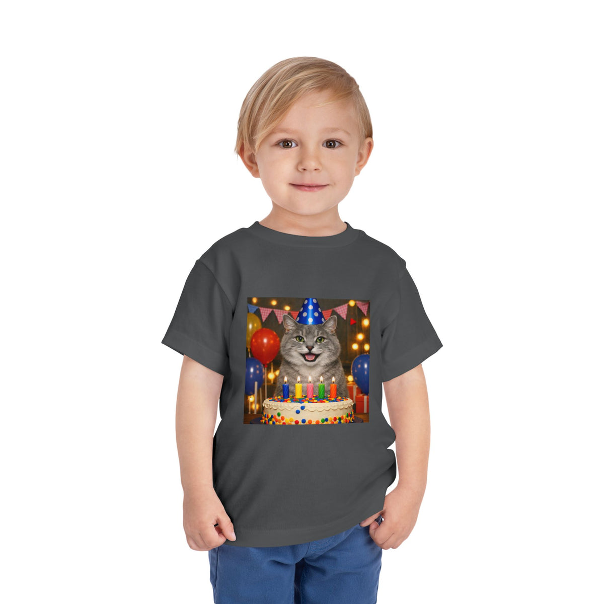 Birthday Buddy Cat Toddler Unisex Short Sleeve Crewneck Tee