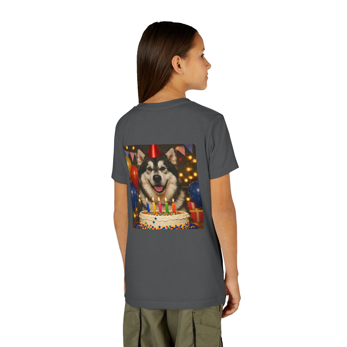Birthday Buddy Malamute Youth Unisex Short Sleeve Crewneck Tee