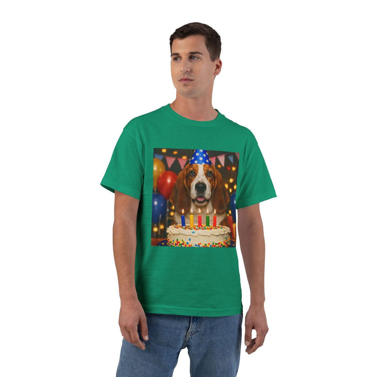 Birthday Buddy Basset Men's Short-Sleeve Crewneck Tee