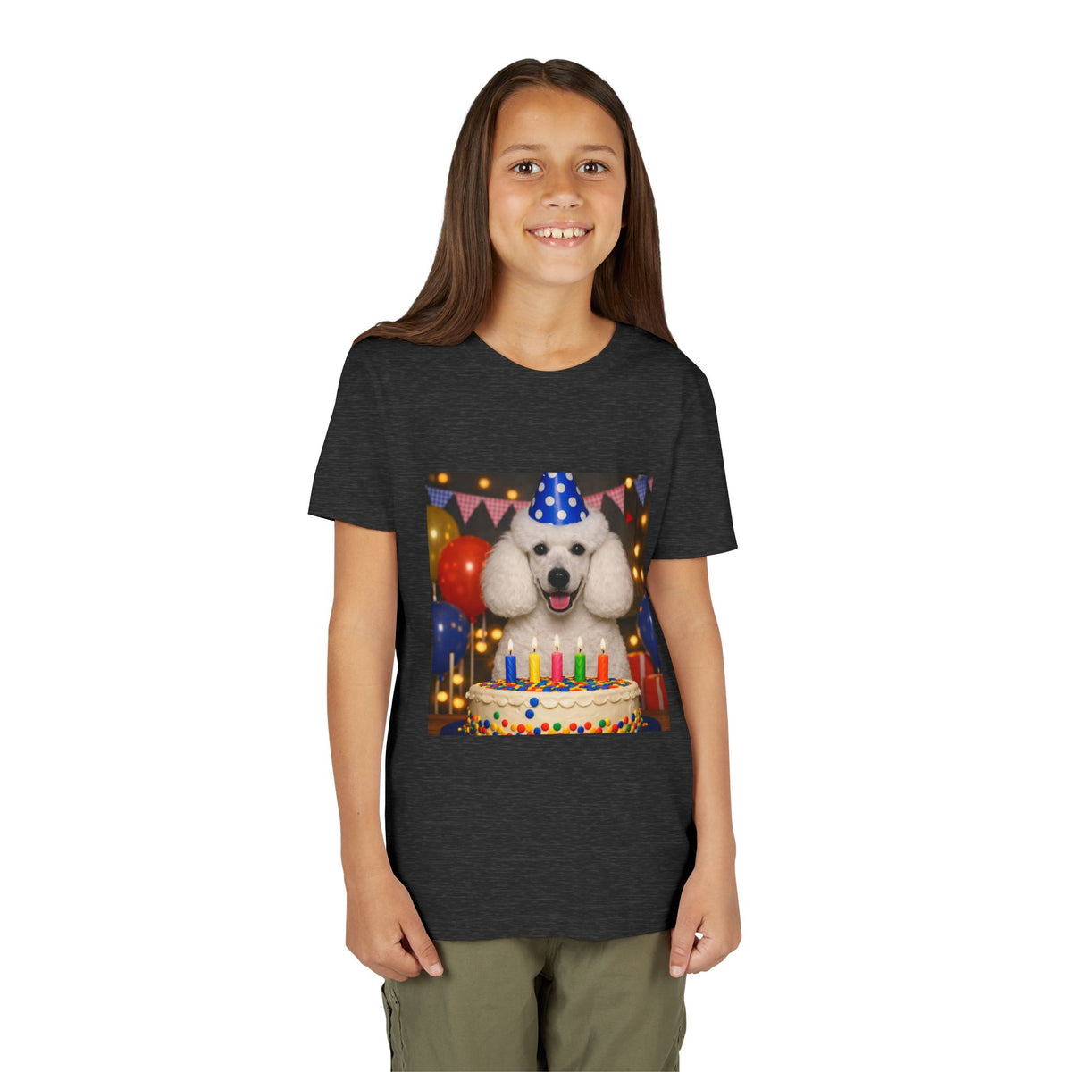 Birthday Buddy Poodle Youth Unisex Short Sleeve Crewneck Tee