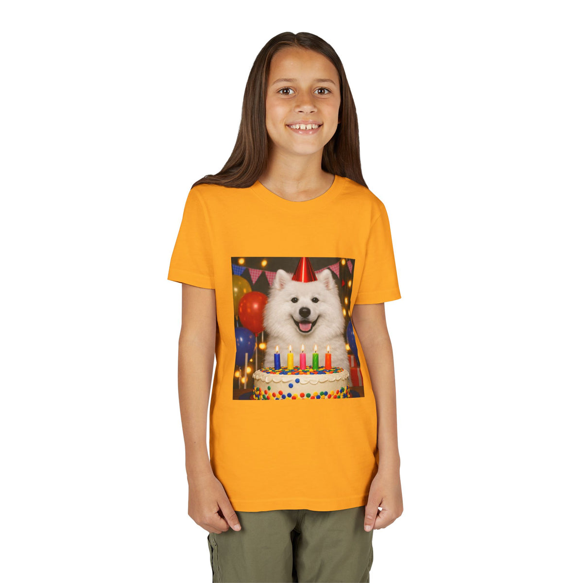 Birthday Buddy Samoyed Youth Unisex Short Sleeve Crewneck Tee