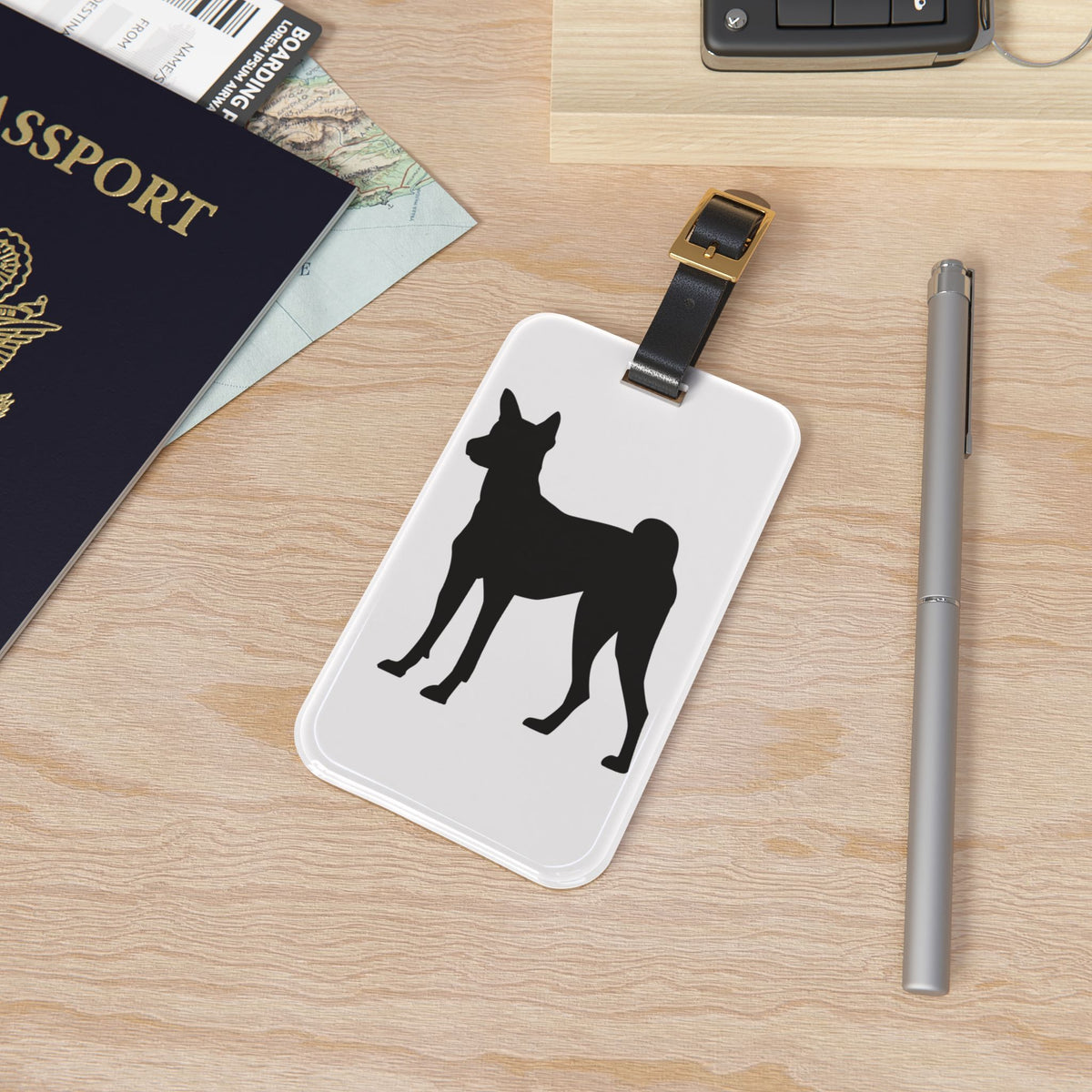 Basenji Silhouette Leather Strap Luggage Tag