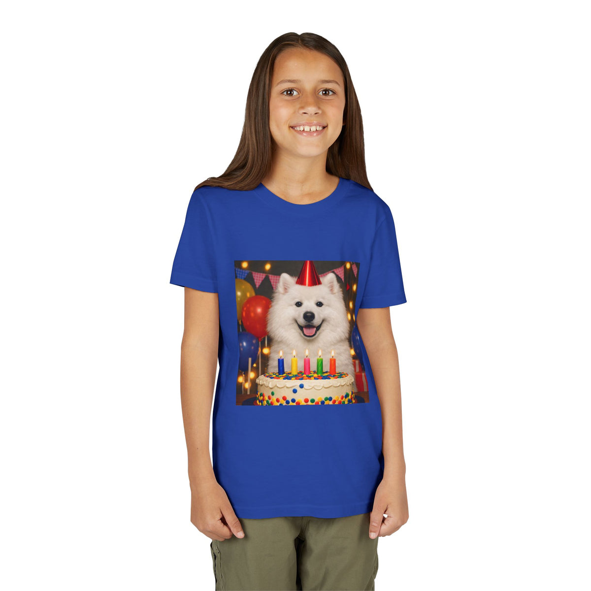 Birthday Buddy Samoyed Youth Unisex Short Sleeve Crewneck Tee