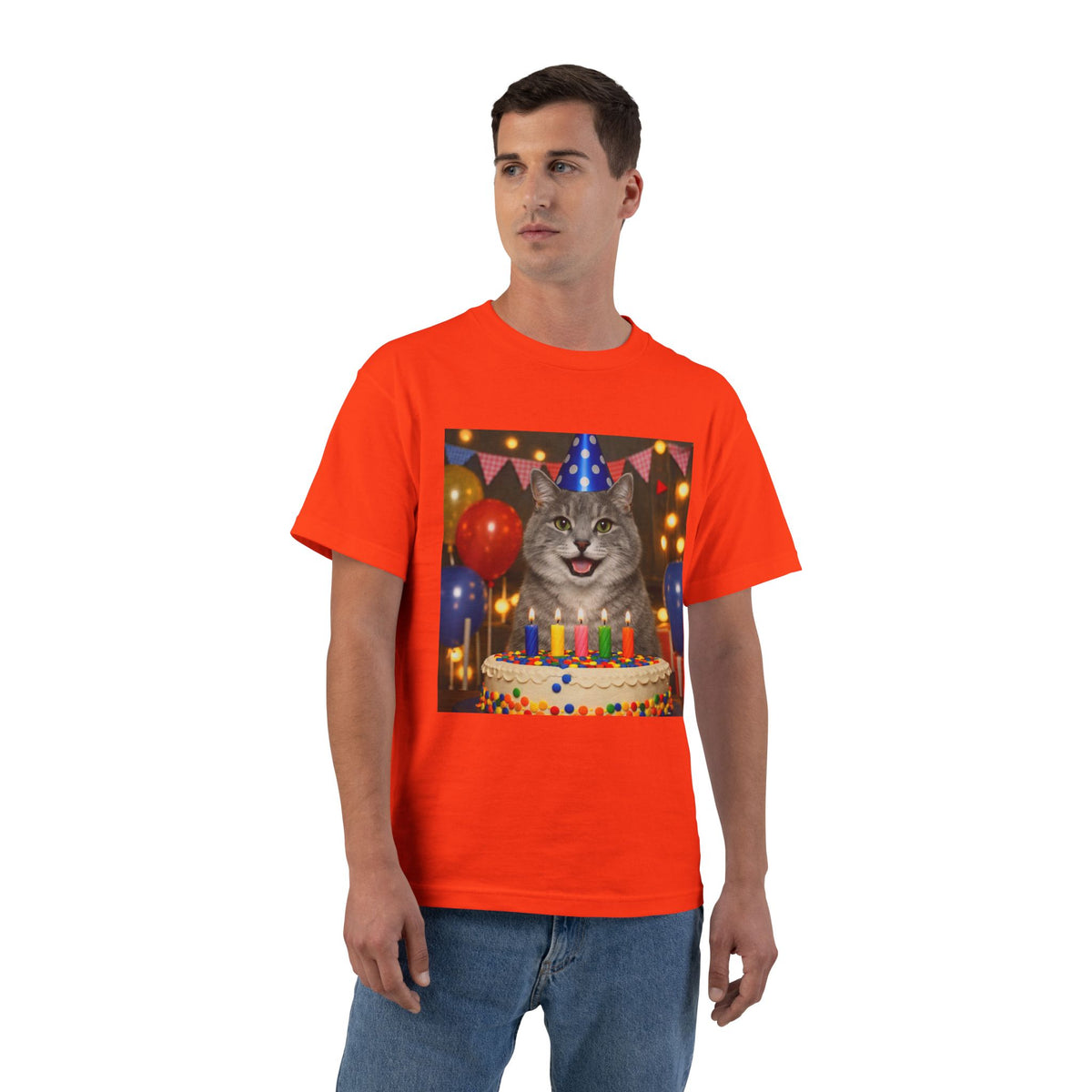Birthday Buddy Cat Men's Short-Sleeve Crewneck Tee