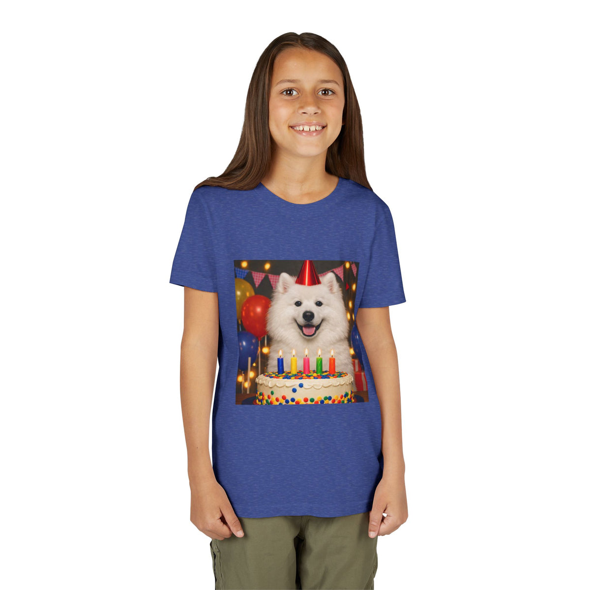 Birthday Buddy Samoyed Youth Unisex Short Sleeve Crewneck Tee
