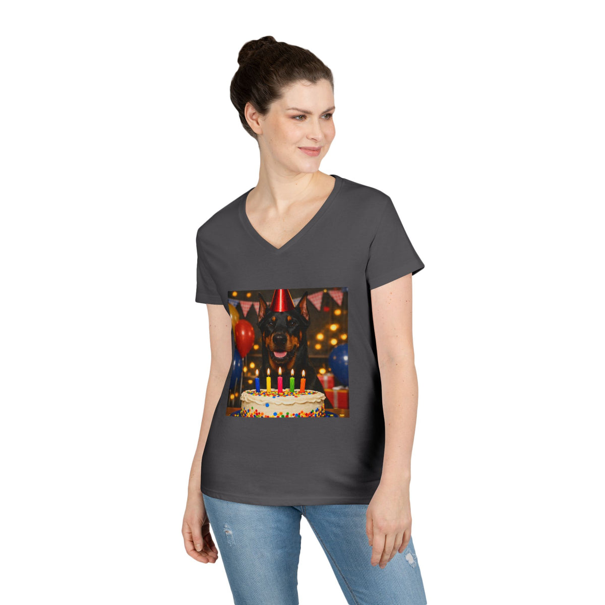 Birthday Buddy Doberman Women's V-Neck Tee
