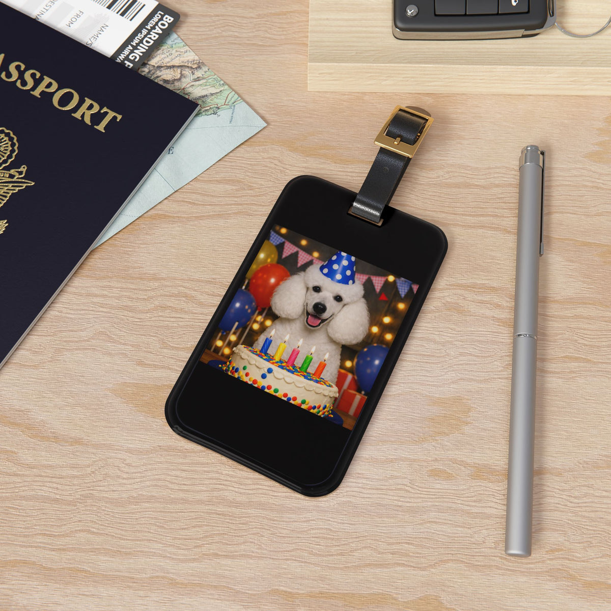 Birthday Buddy Poodle Leather Strap Luggage Tag