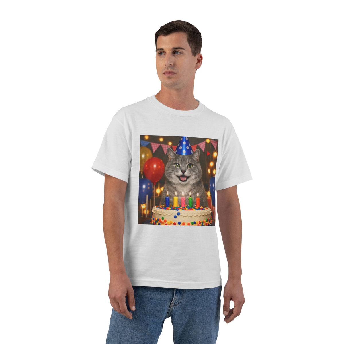 Birthday Buddy Cat Men's Short-Sleeve Crewneck Tee