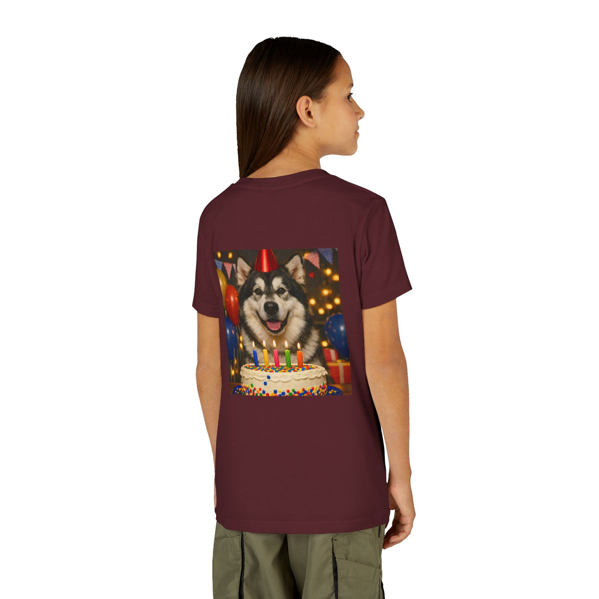Birthday Buddy Malamute Youth Unisex Short Sleeve Crewneck Tee