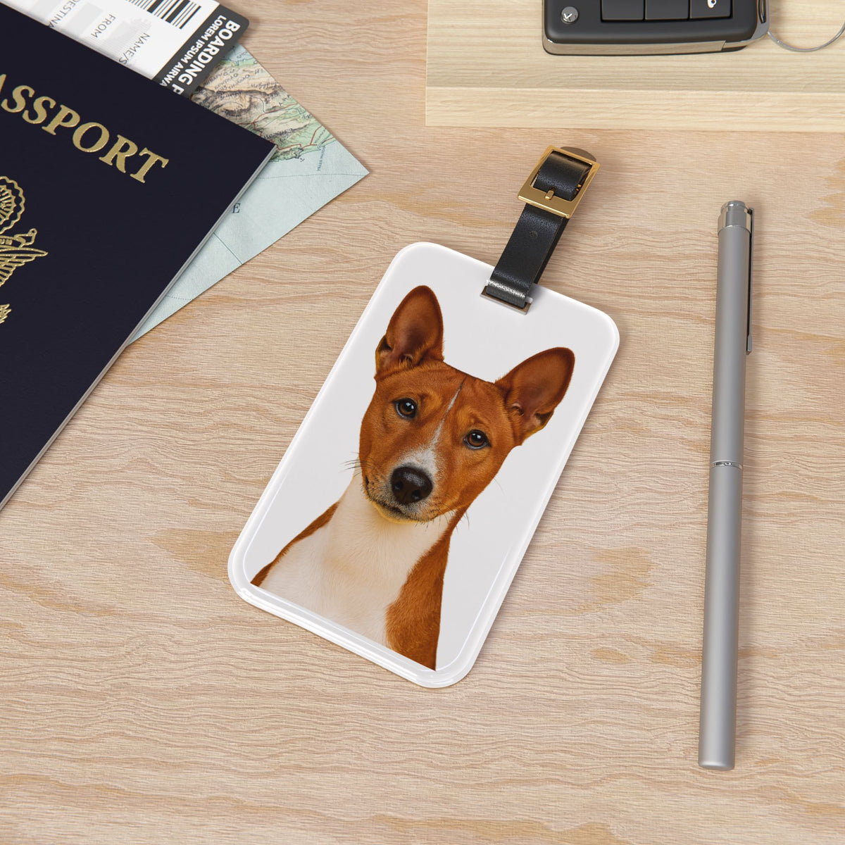Basenji Head Leather Strap Luggage Tag