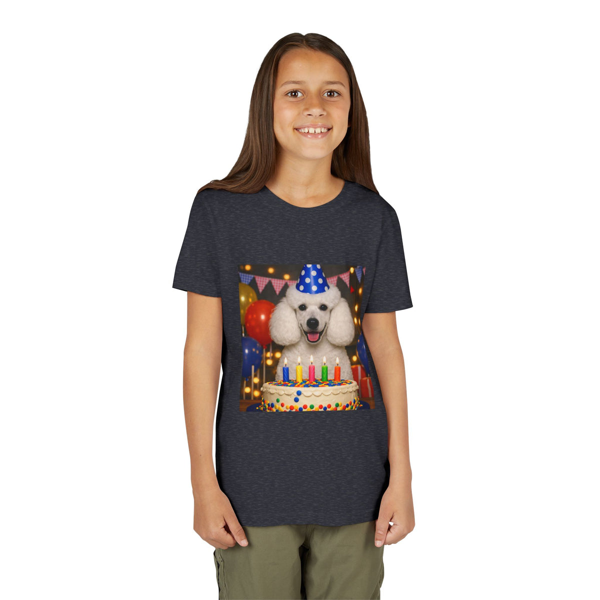 Birthday Buddy Poodle Youth Unisex Short Sleeve Crewneck Tee