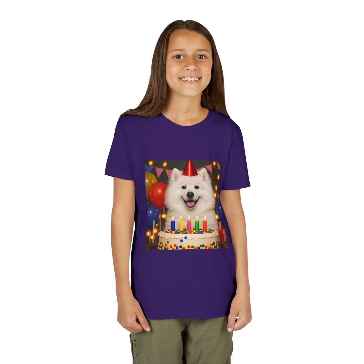 Birthday Buddy Samoyed Youth Unisex Short Sleeve Crewneck Tee