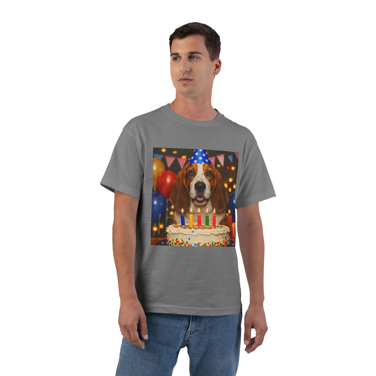 Birthday Buddy Basset Men's Short-Sleeve Crewneck Tee