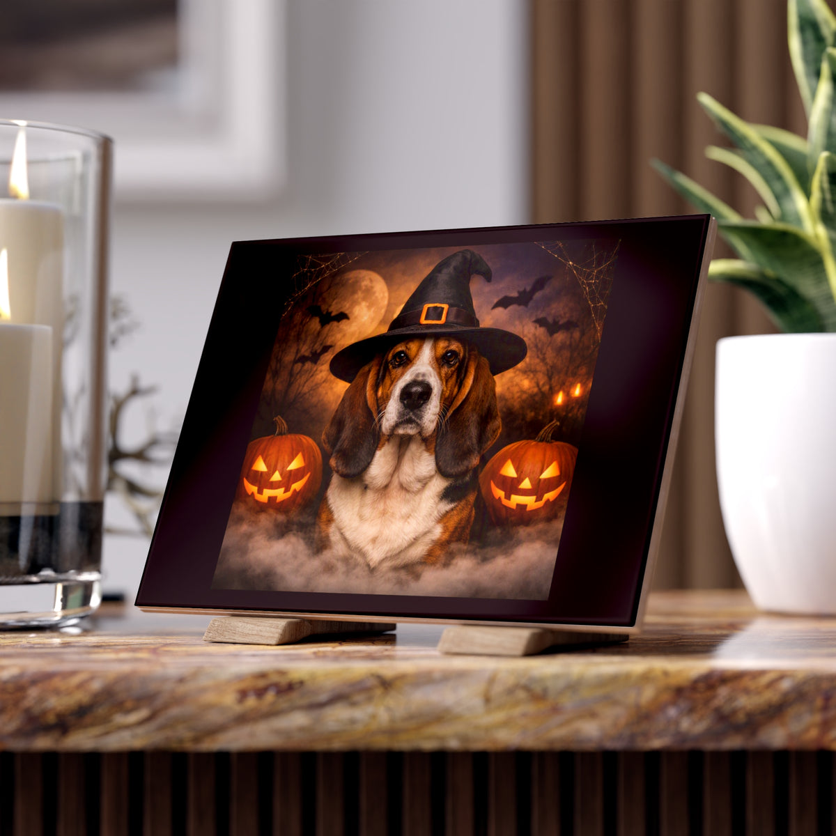 Witch Hat Pack Basset Ceramic Photo Tile