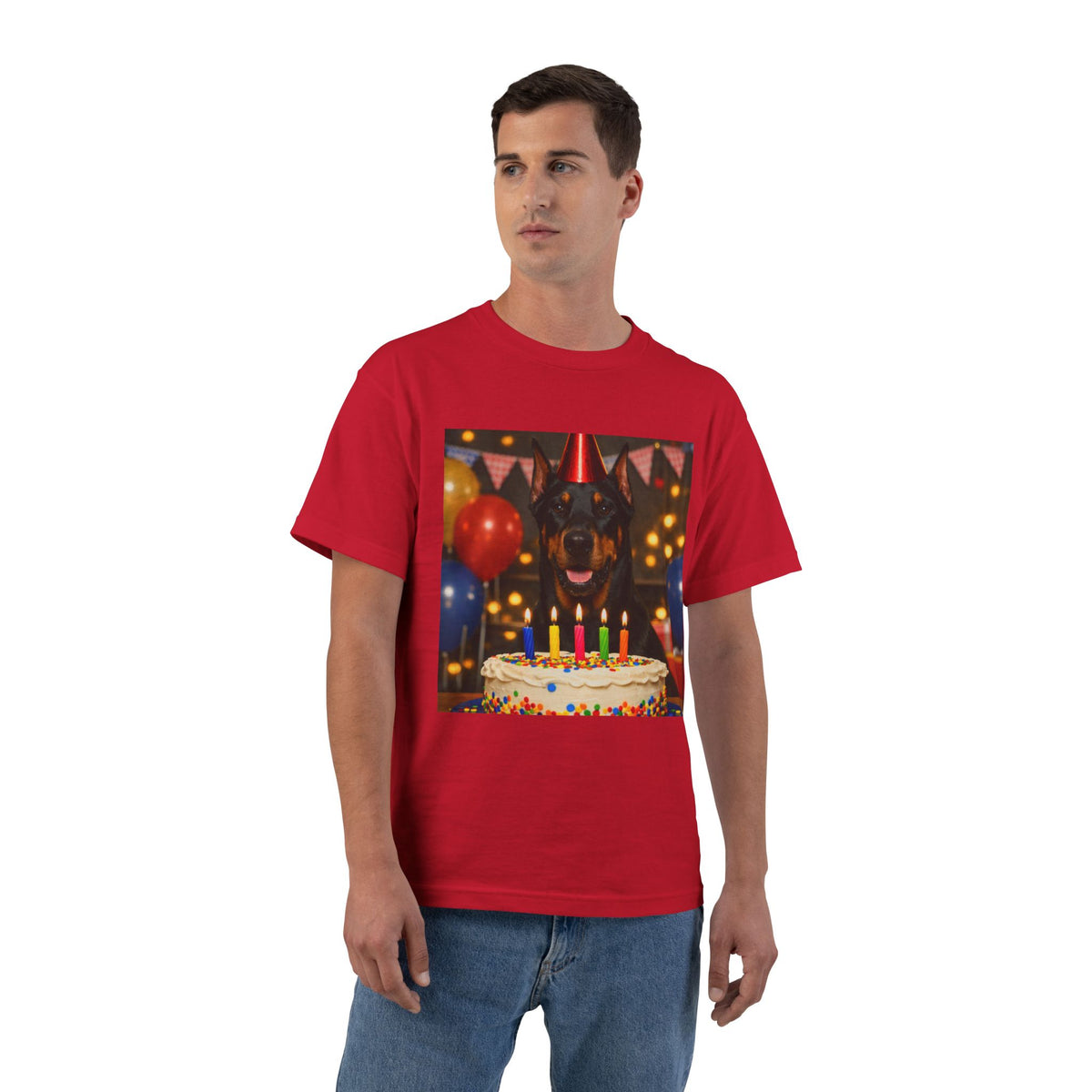 Birthday Buddy Doberman Men's Short-Sleeve Crewneck Tee