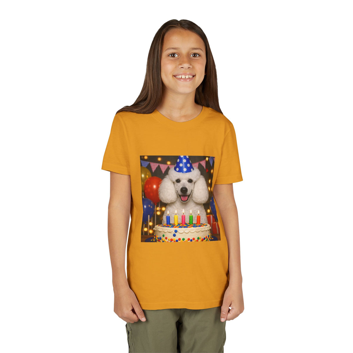 Birthday Buddy Poodle Youth Unisex Short Sleeve Crewneck Tee