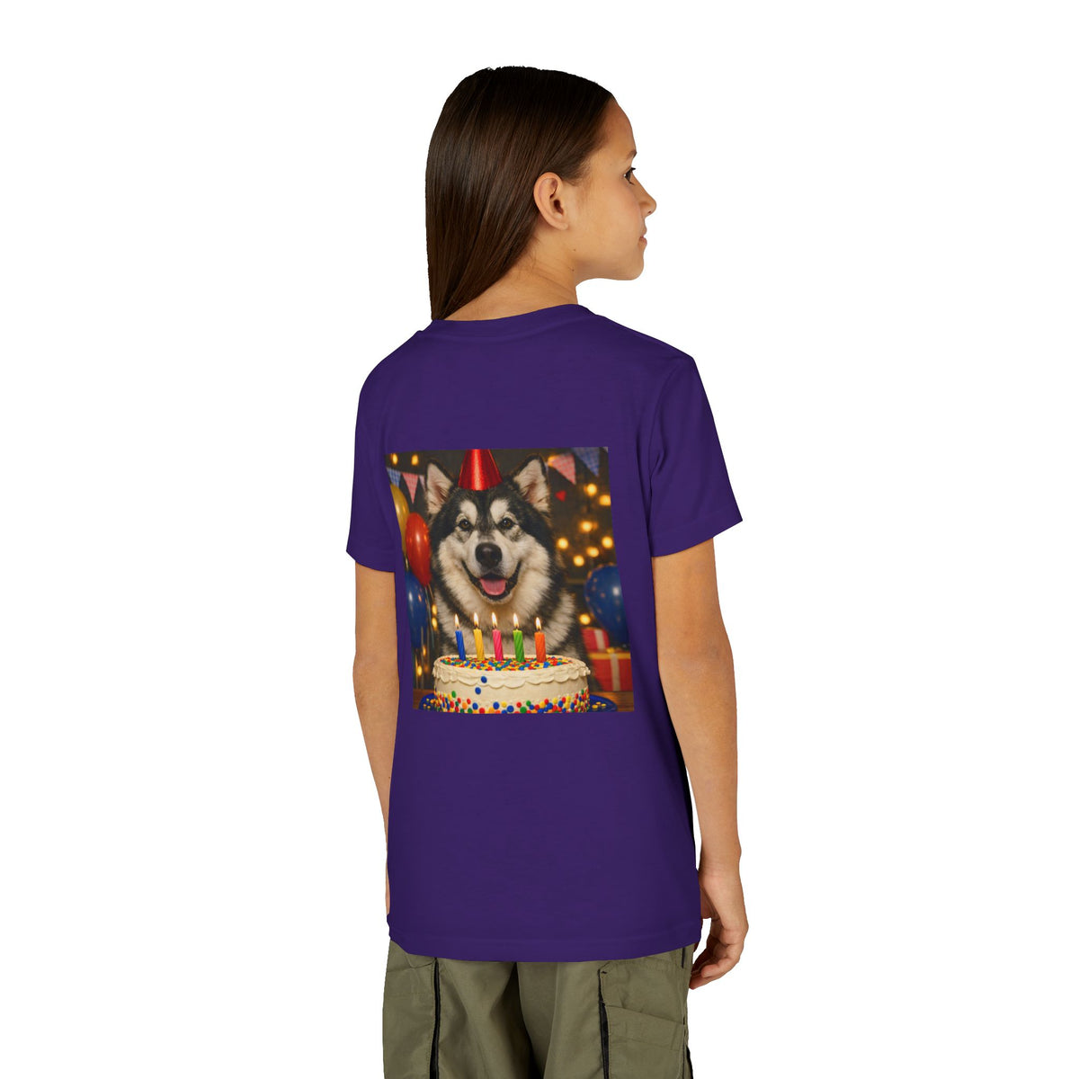 Birthday Buddy Malamute Youth Unisex Short Sleeve Crewneck Tee