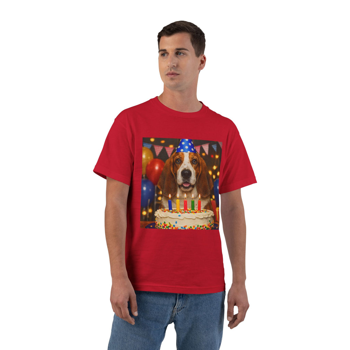Birthday Buddy Basset Men's Short-Sleeve Crewneck Tee