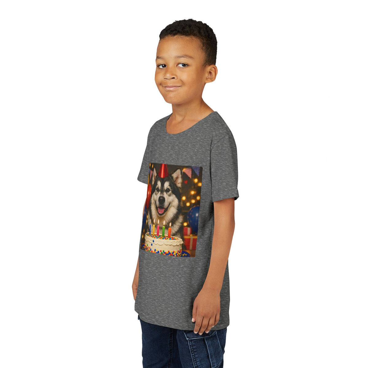 Birthday Buddy Malamute Youth Unisex Short Sleeve Crewneck Tee