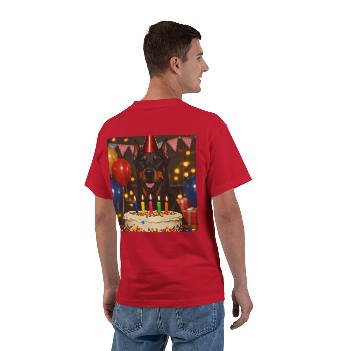 Birthday Buddy Doberman Men's Short-Sleeve Crewneck Tee