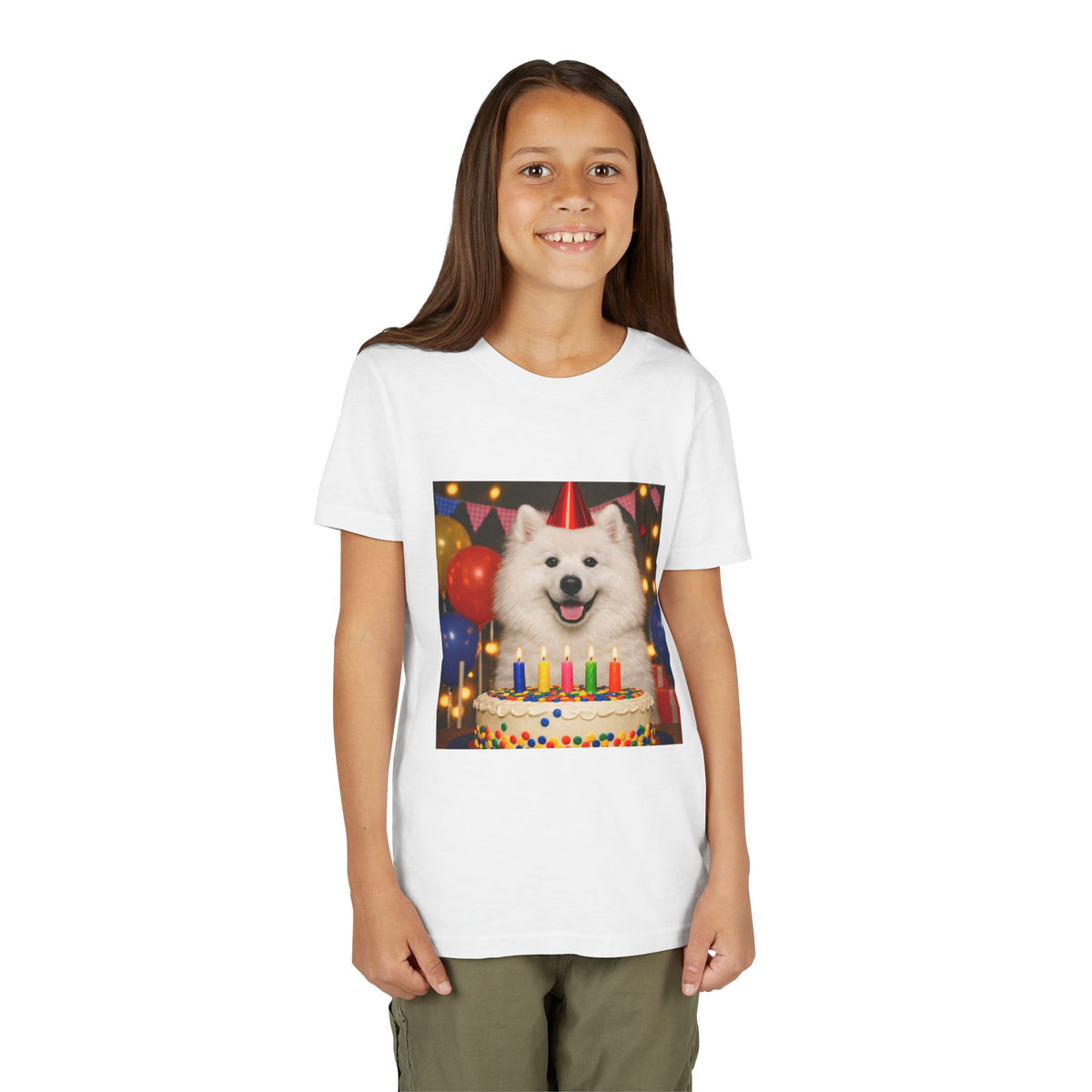 Birthday Buddy Samoyed Youth Unisex Short Sleeve Crewneck Tee