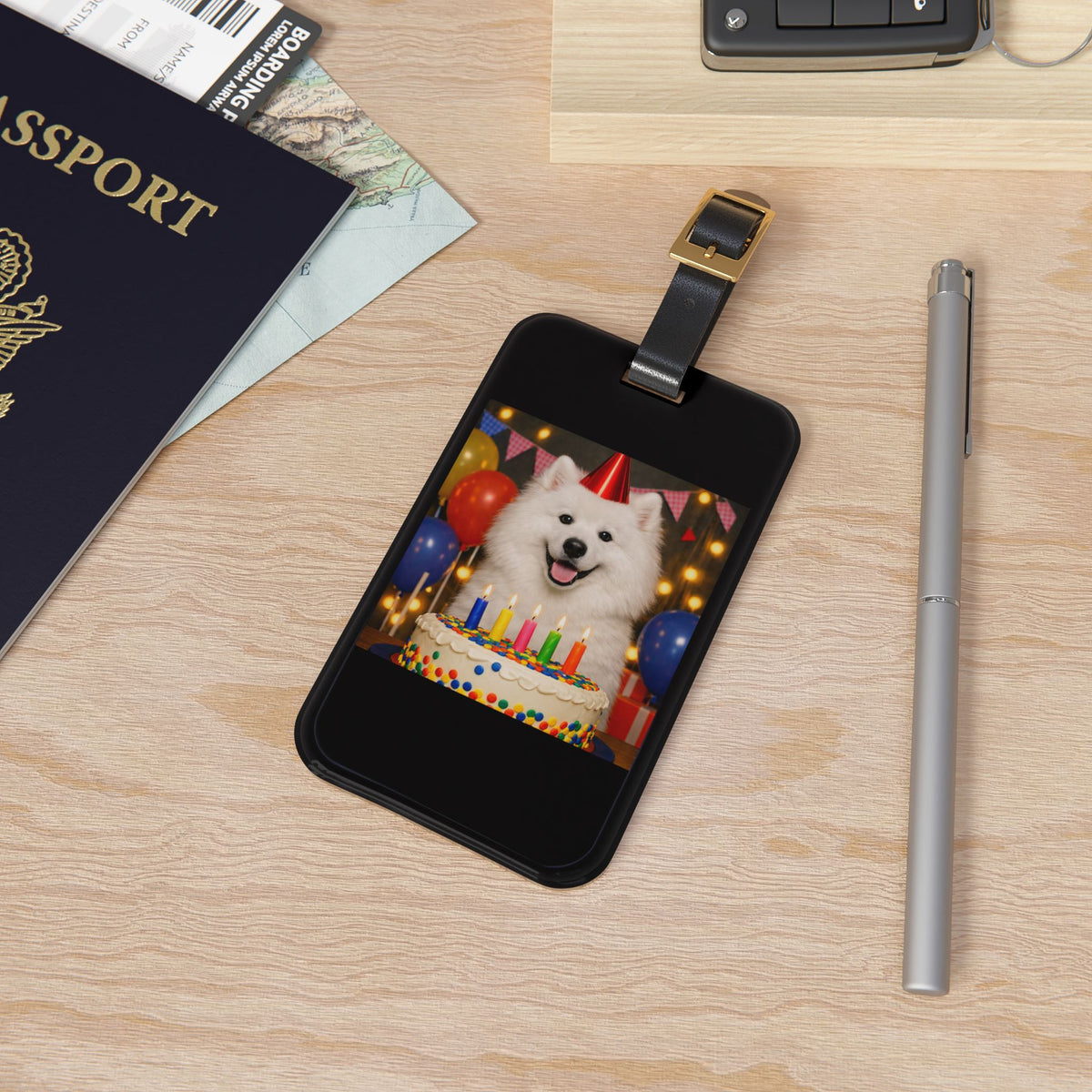 Birthday Buddy Samoyed Leather Strap Luggage Tag