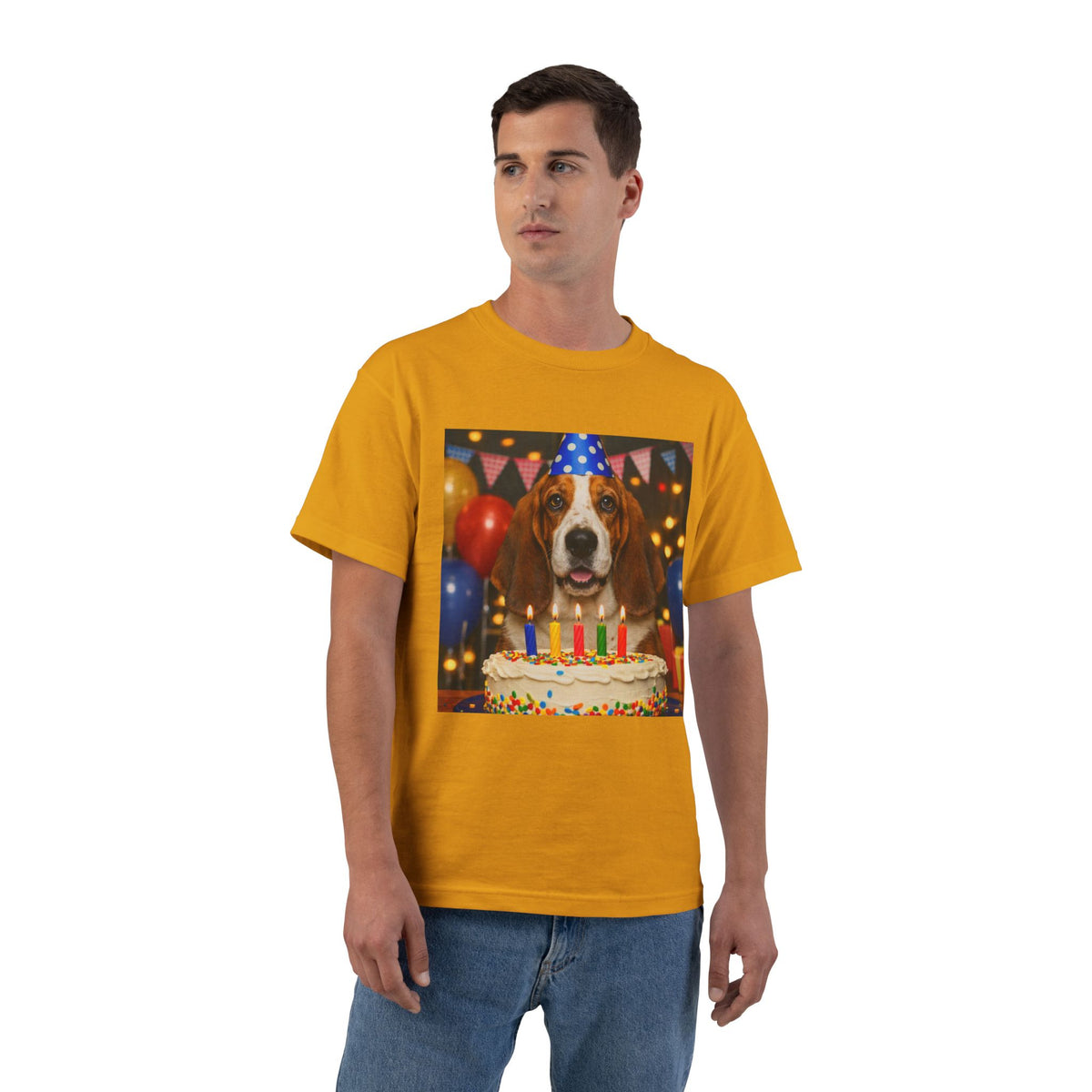 Birthday Buddy Basset Men's Short-Sleeve Crewneck Tee