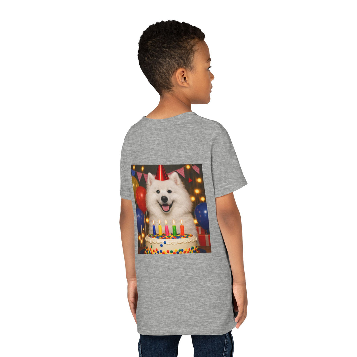 Birthday Buddy Samoyed Youth Unisex Short Sleeve Crewneck Tee