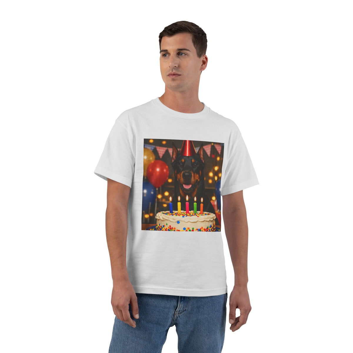 Birthday Buddy Doberman Men's Short-Sleeve Crewneck Tee