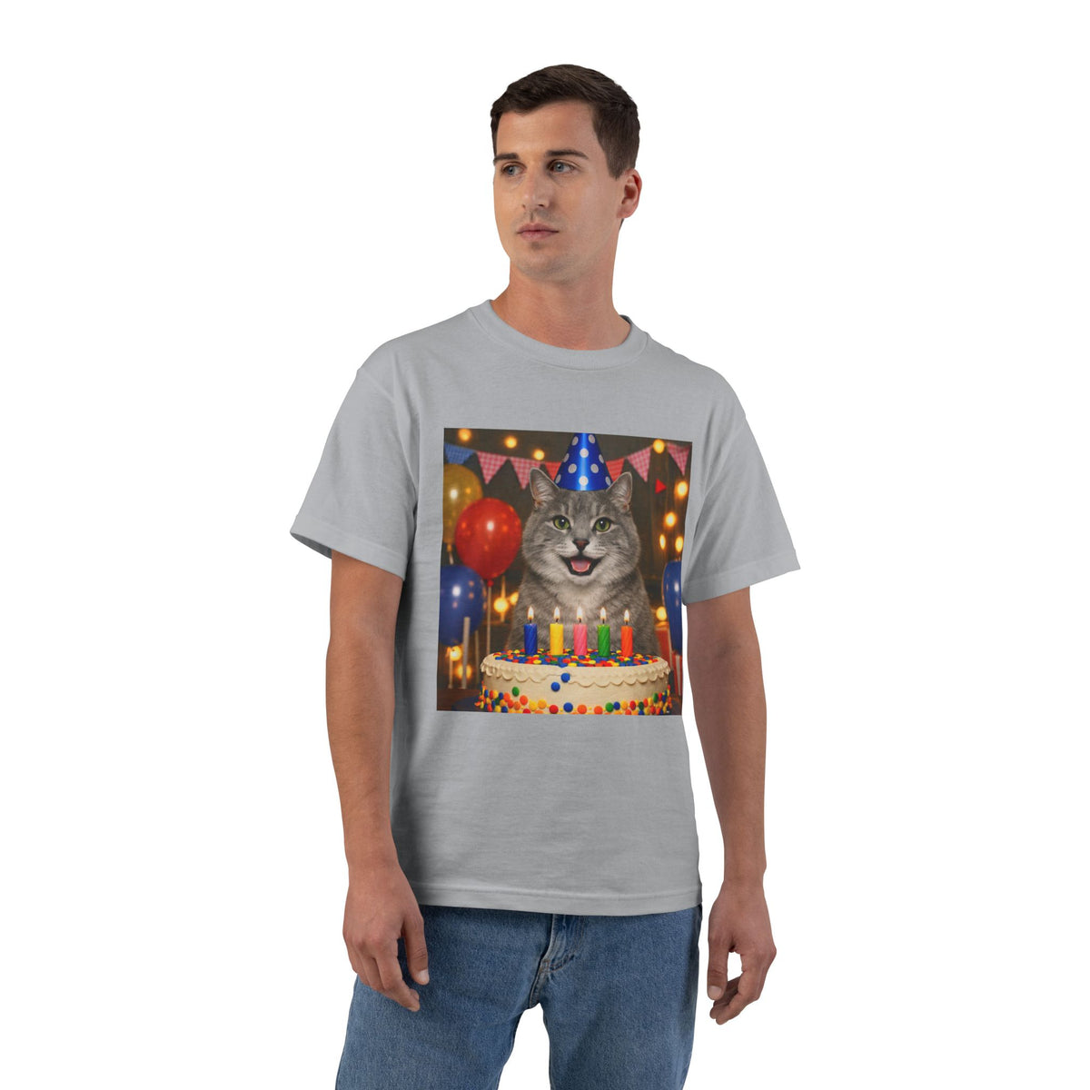 Birthday Buddy Cat Men's Short-Sleeve Crewneck Tee