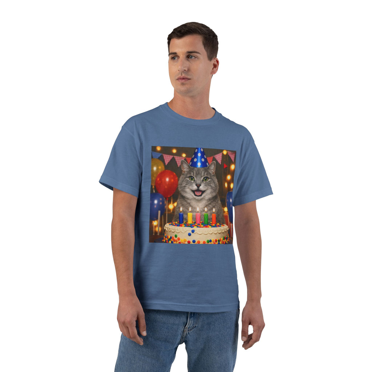 Birthday Buddy Cat Men's Short-Sleeve Crewneck Tee