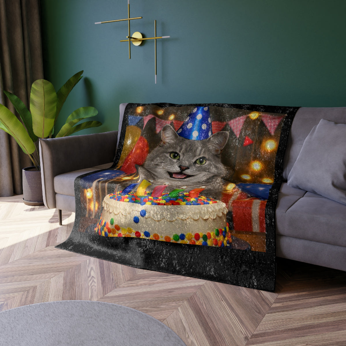 Birthday Buddy Cat Crushed Velvet Blanket