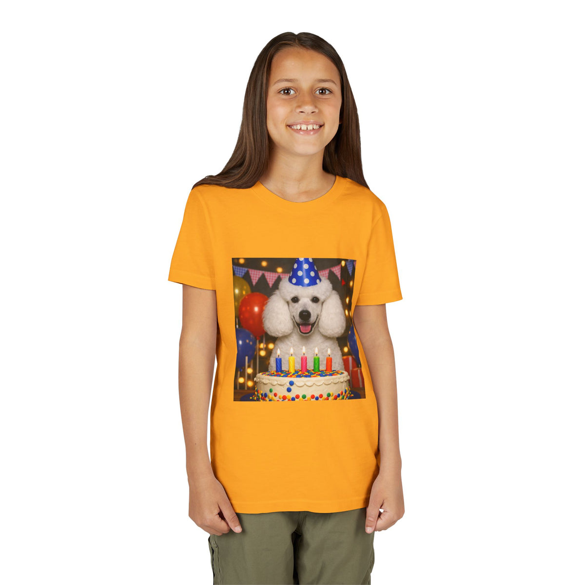 Birthday Buddy Poodle Youth Unisex Short Sleeve Crewneck Tee
