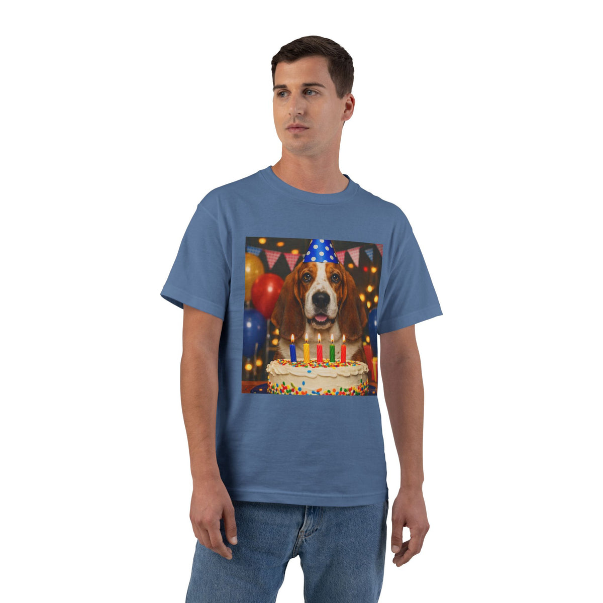 Birthday Buddy Basset Men's Short-Sleeve Crewneck Tee