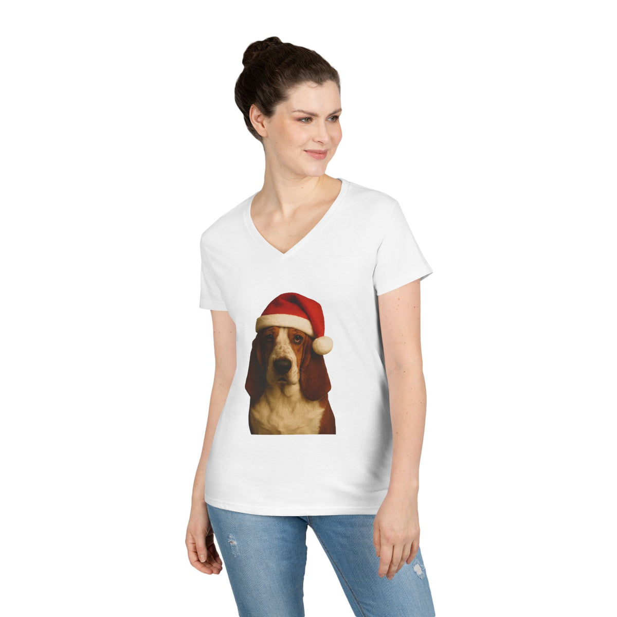 Santa Paws Basset Women's V-Neck Tee