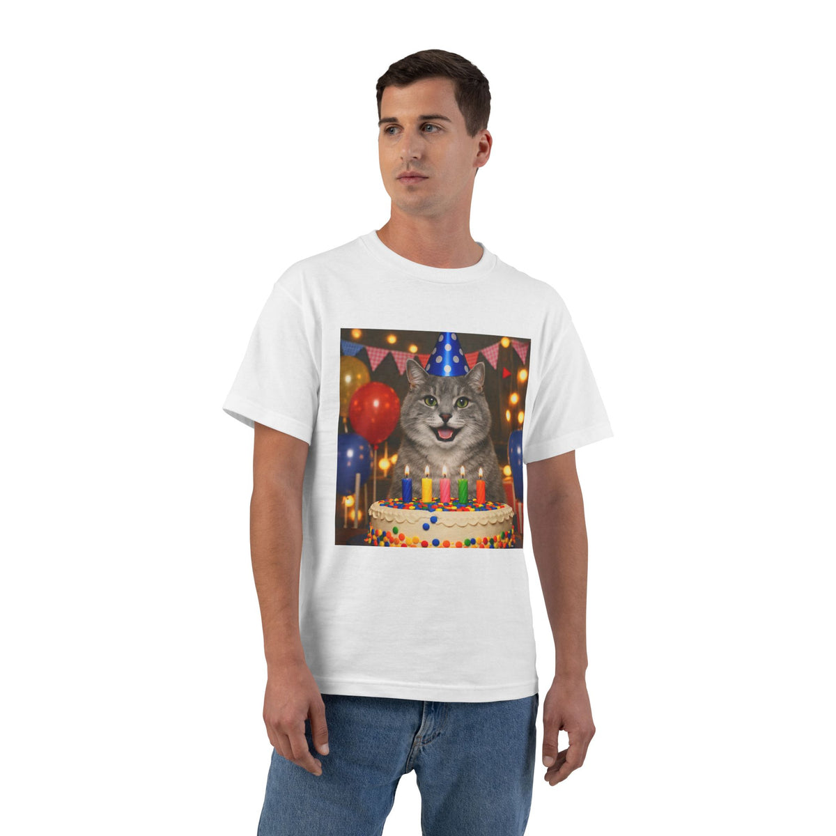 Birthday Buddy Cat Men's Short-Sleeve Crewneck Tee