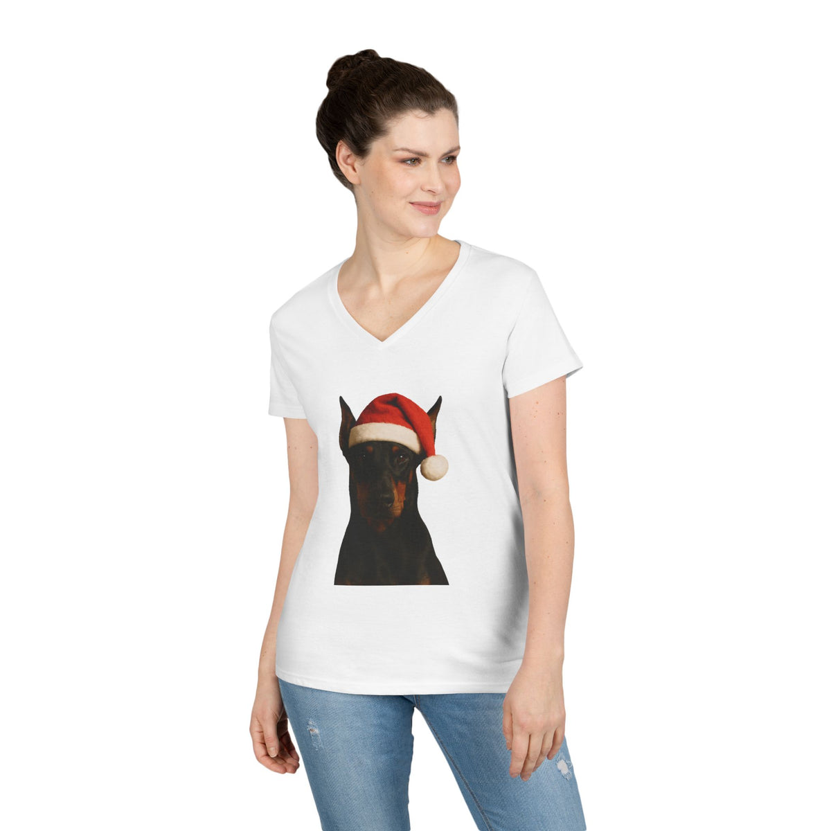 Santa Paws Doberman Women's V-Neck Tee