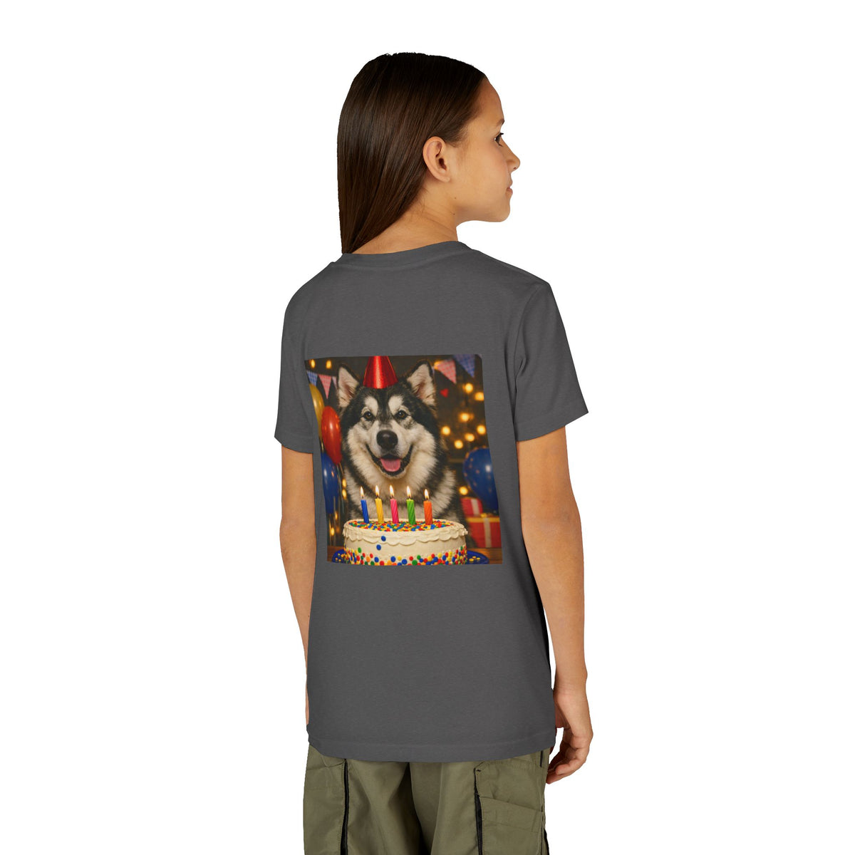 Birthday Buddy Malamute Youth Unisex Short Sleeve Crewneck Tee