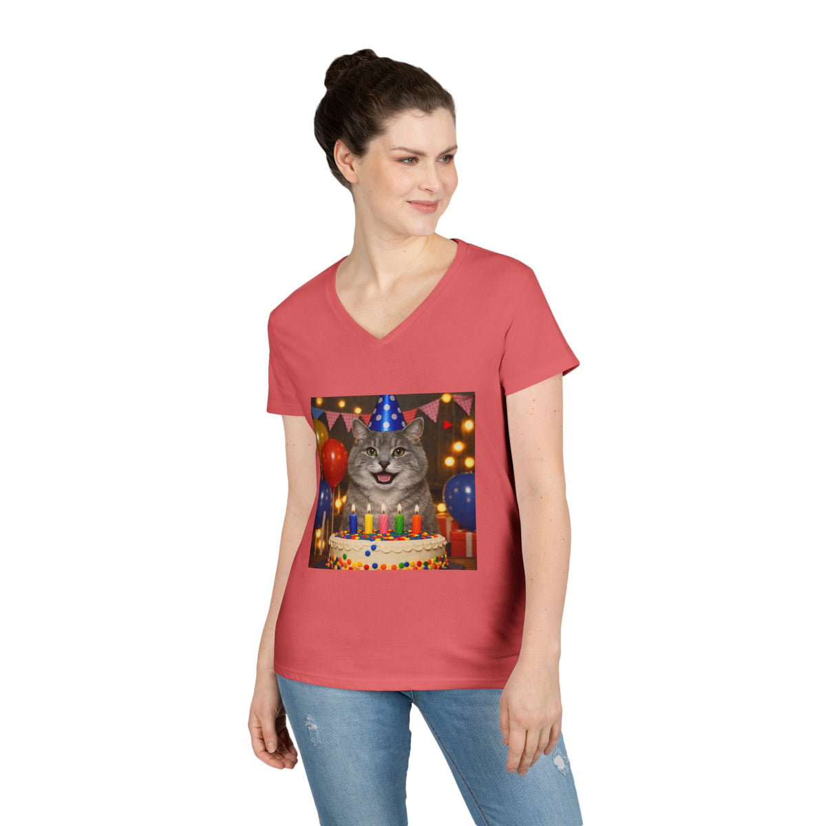 Birthday Buddy Cat Women's V-Neck Tee