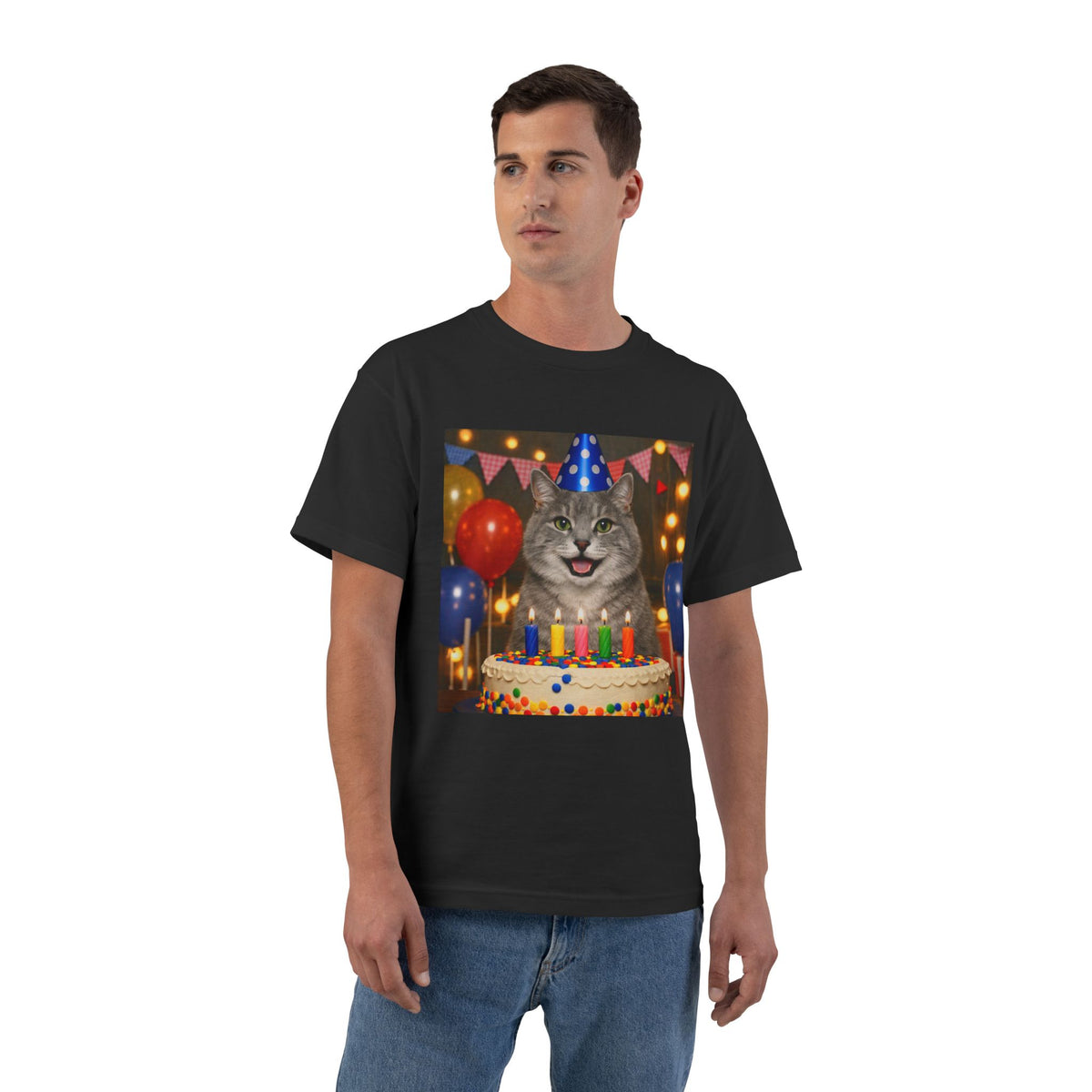 Birthday Buddy Cat Men's Short-Sleeve Crewneck Tee