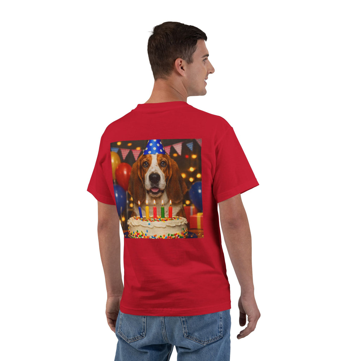 Birthday Buddy Basset Men's Short-Sleeve Crewneck Tee
