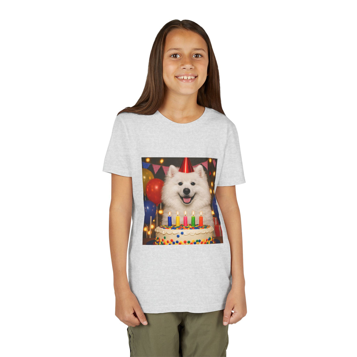 Birthday Buddy Samoyed Youth Unisex Short Sleeve Crewneck Tee
