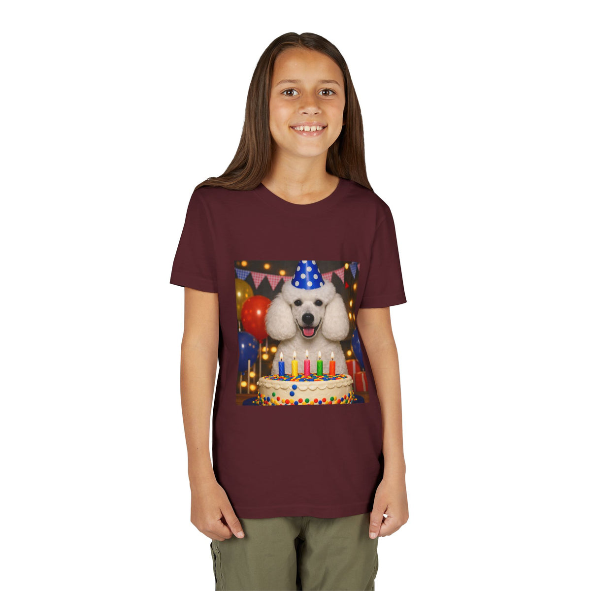 Birthday Buddy Poodle Youth Unisex Short Sleeve Crewneck Tee