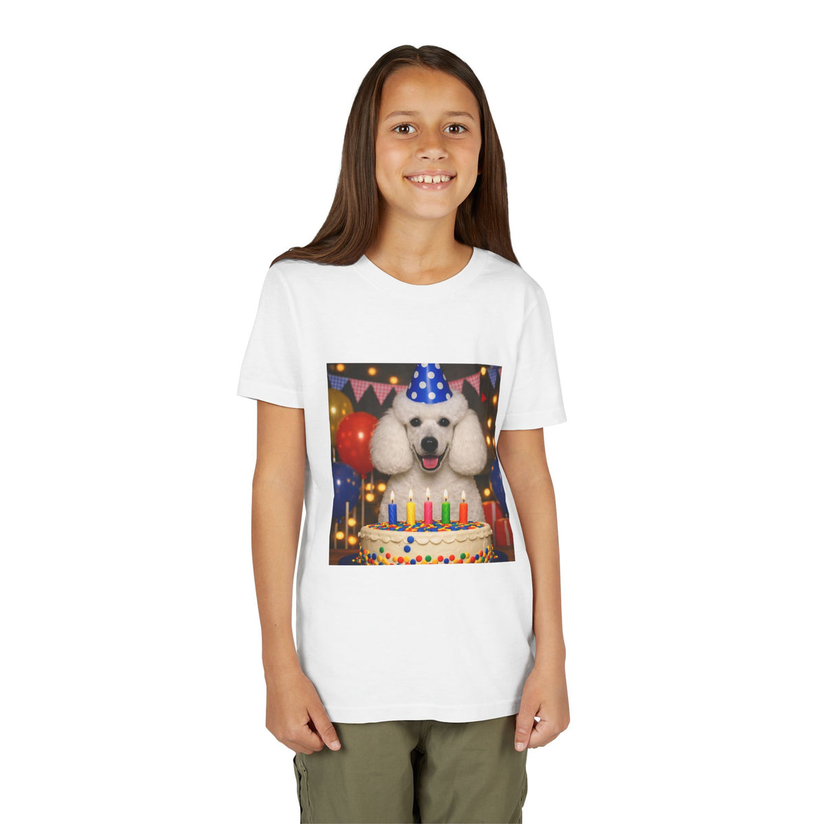 Birthday Buddy Poodle Youth Unisex Short Sleeve Crewneck Tee