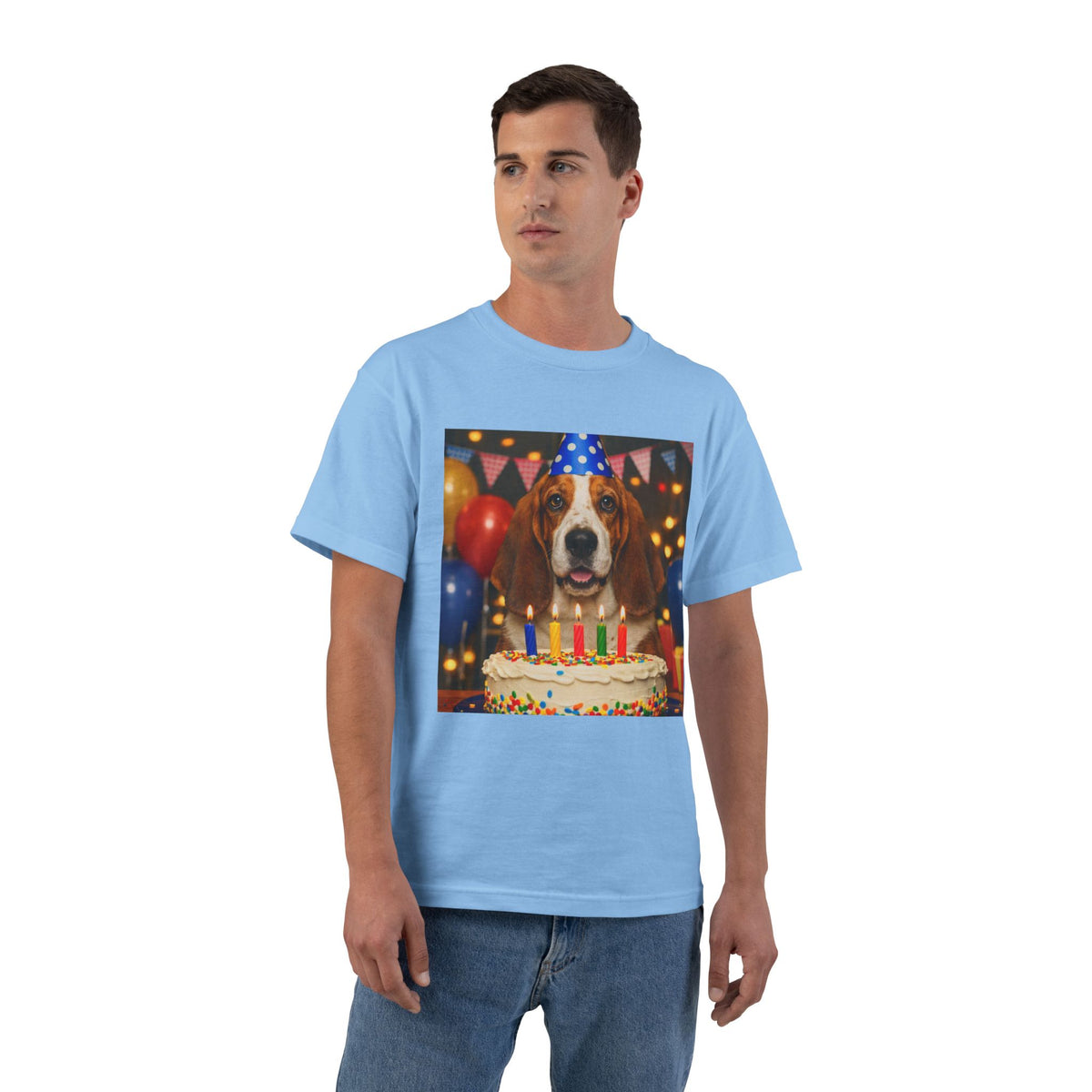 Birthday Buddy Basset Men's Short-Sleeve Crewneck Tee