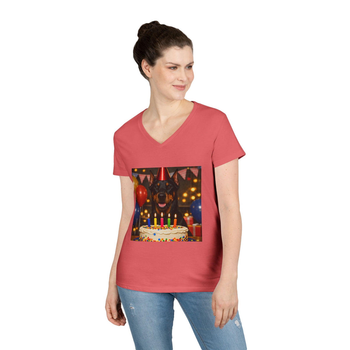 Birthday Buddy Doberman Women's V-Neck Tee