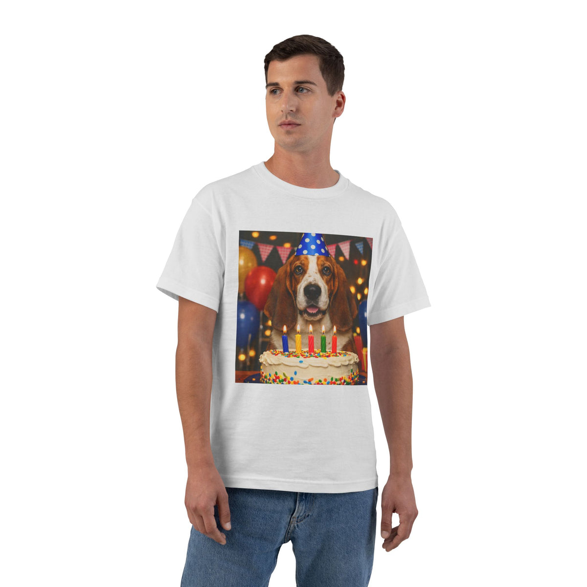 Birthday Buddy Basset Men's Short-Sleeve Crewneck Tee