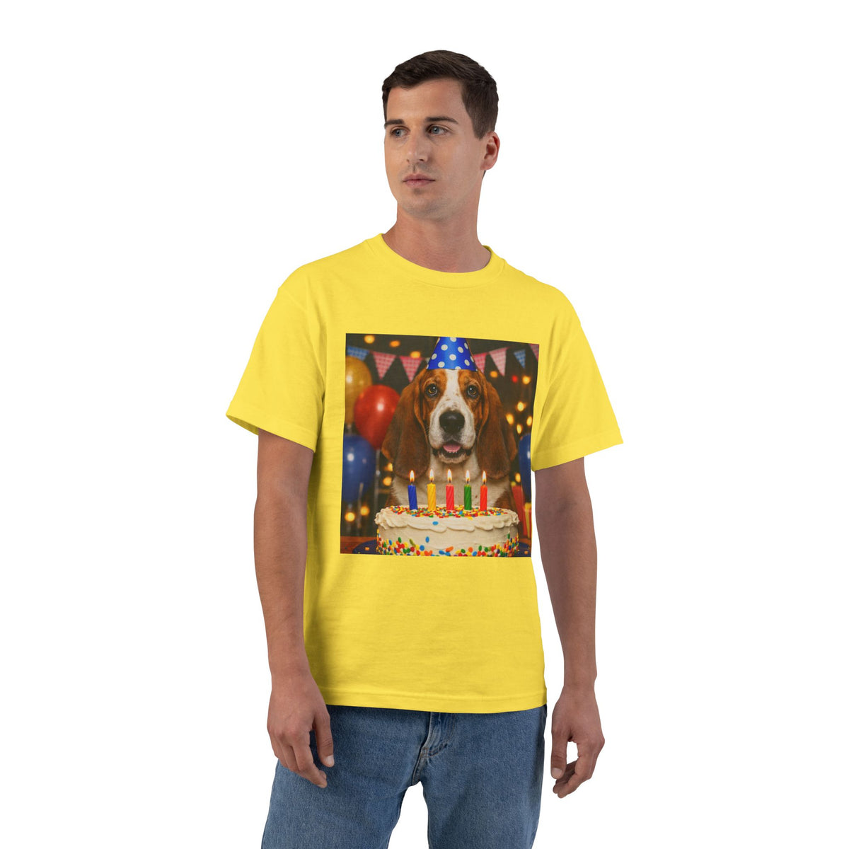 Birthday Buddy Basset Men's Short-Sleeve Crewneck Tee