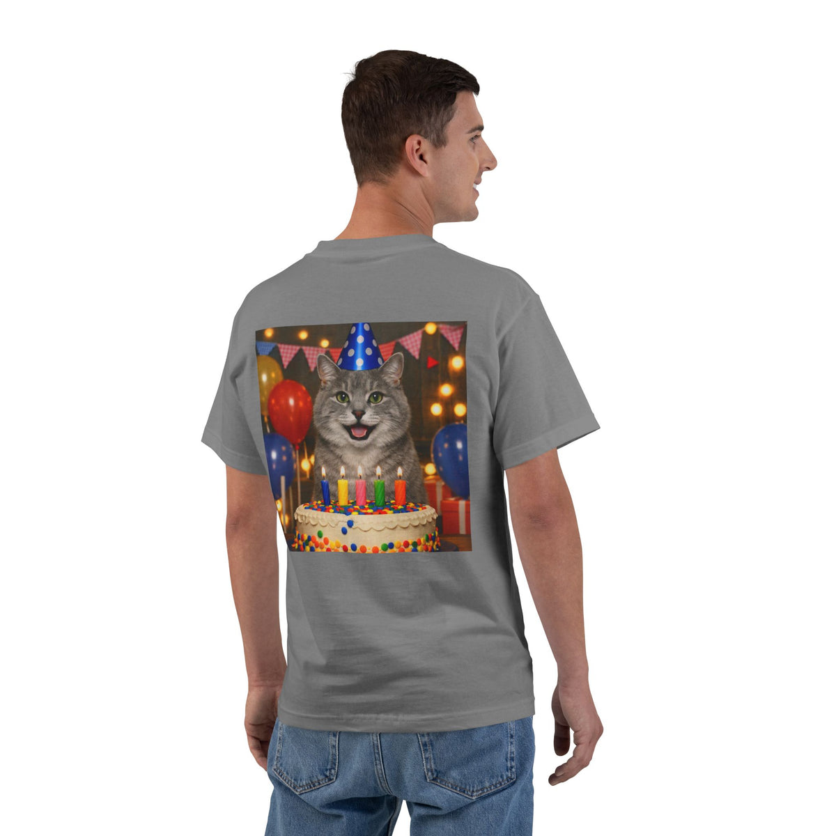 Birthday Buddy Cat Men's Short-Sleeve Crewneck Tee